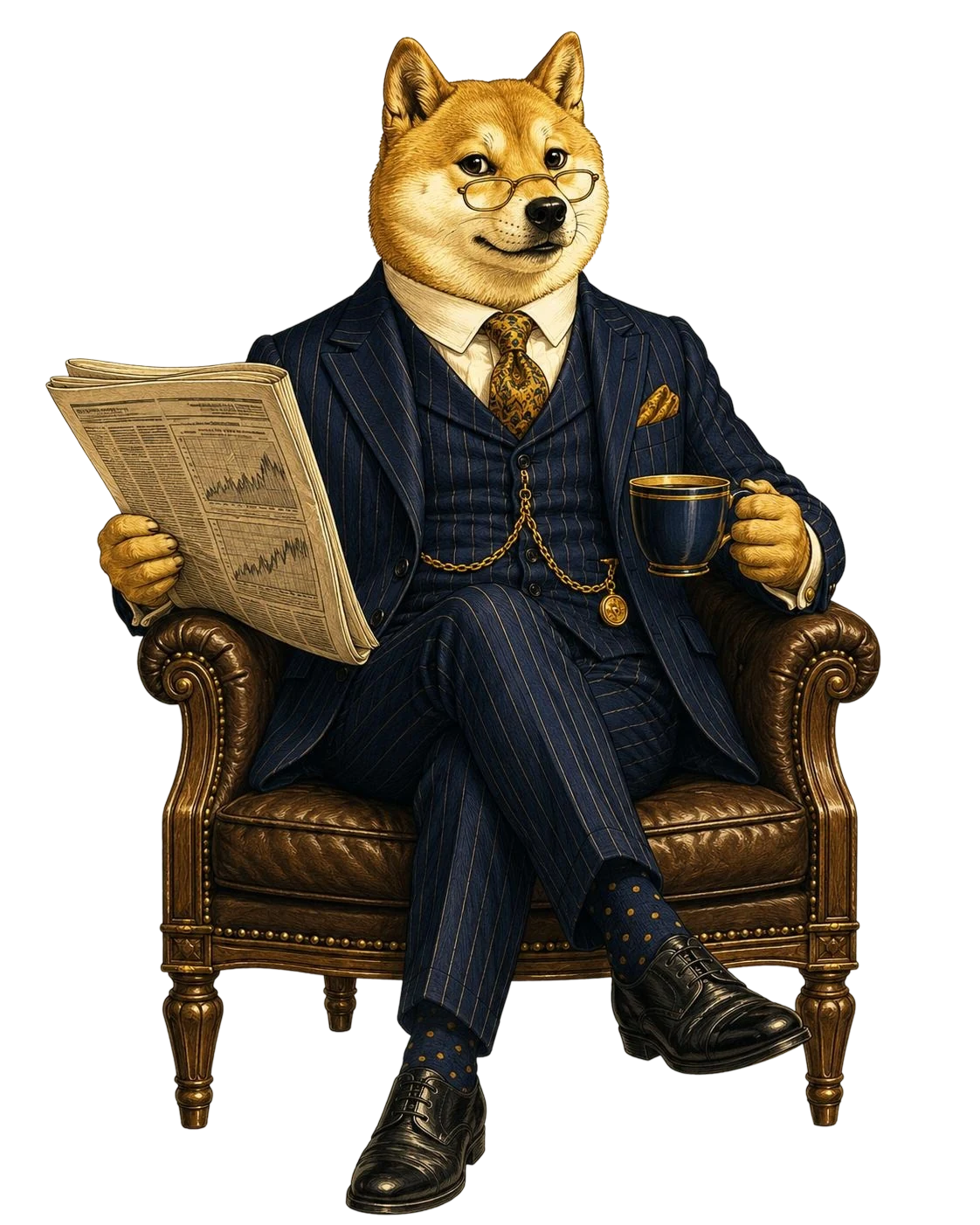 Boomer Doge in a pinstripe suit reading the Wall Street Journal with a coffee