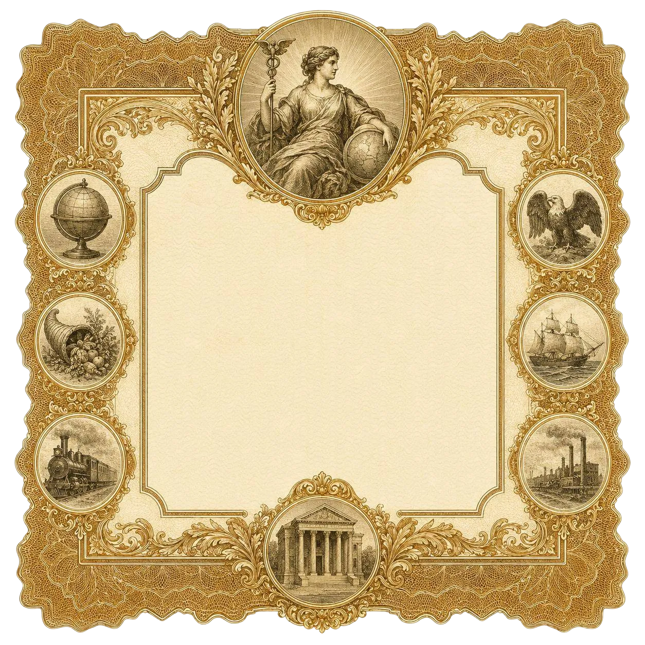 Vintage engraved stock certificate for The Boomer with Magnificent 7 seals